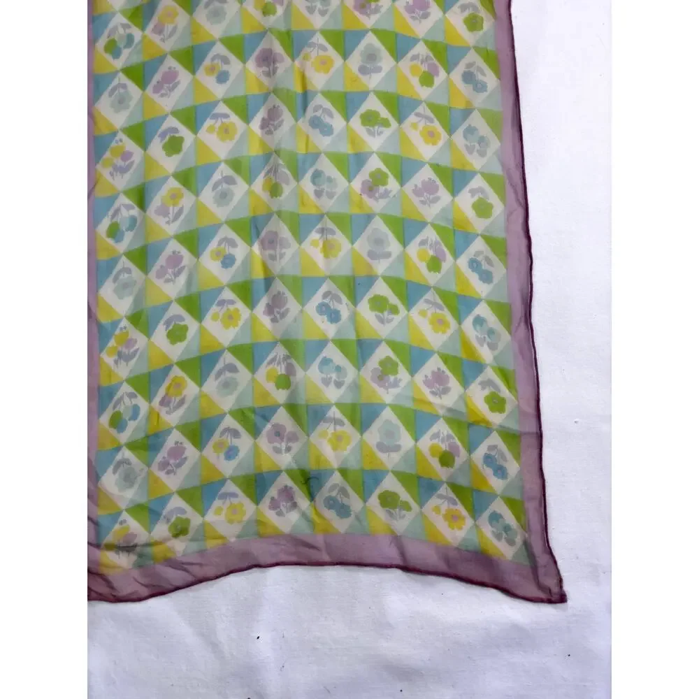 Vintage 1960s Silk Chiffon Scarf Geometric Floral Purple Green Blue Hand Rolled